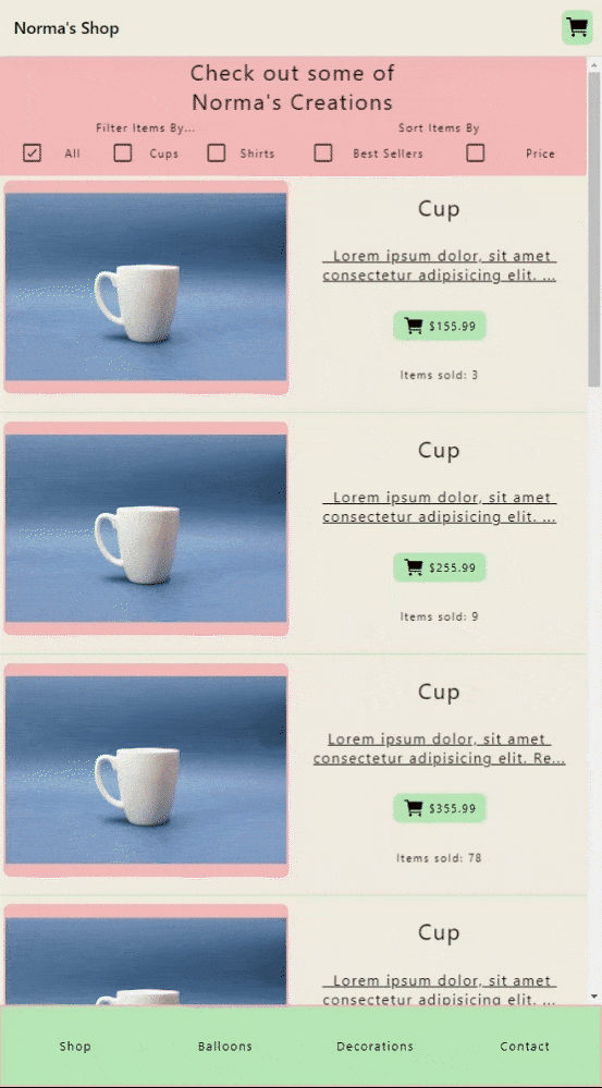 Looping gif of Norma's Creations App